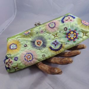 Embroidered sequined silk clutch